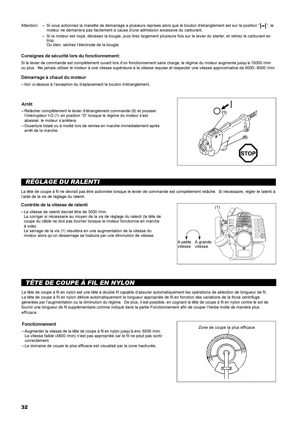 Réglage du ralenti, Tête de coupe à fil en nylon | Dolmar MS-22C User Manual | Page 32 / 53