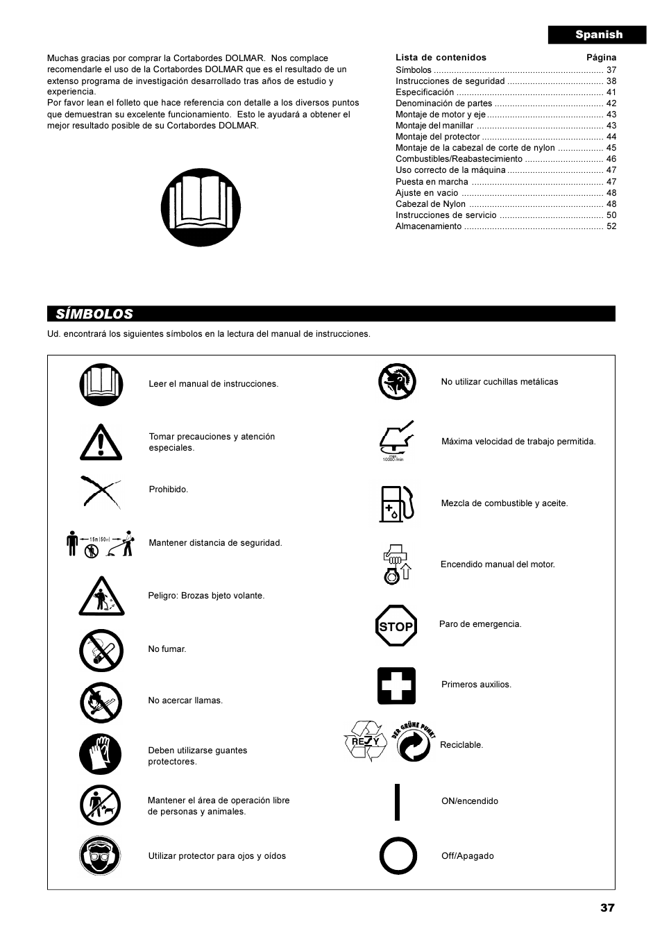 Símbolos | Dolmar MS-22C User Manual | Page 37 / 53