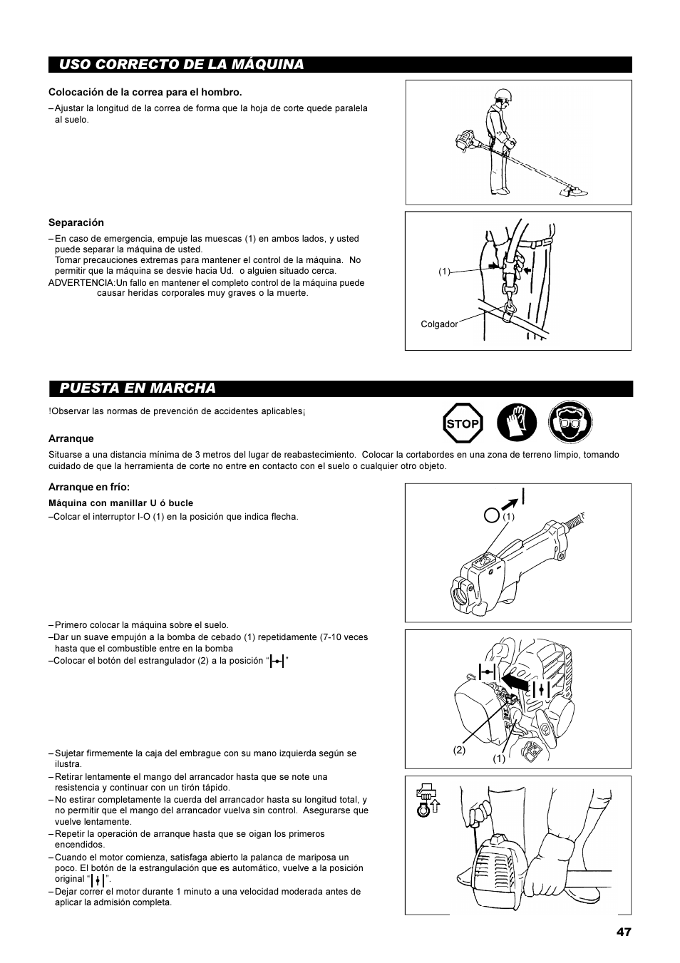 Uso correcto de la máquina, Puesta en marcha | Dolmar MS-22C User Manual | Page 47 / 53