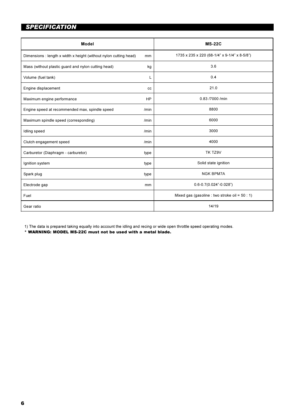 Specification | Dolmar MS-22C User Manual | Page 6 / 53