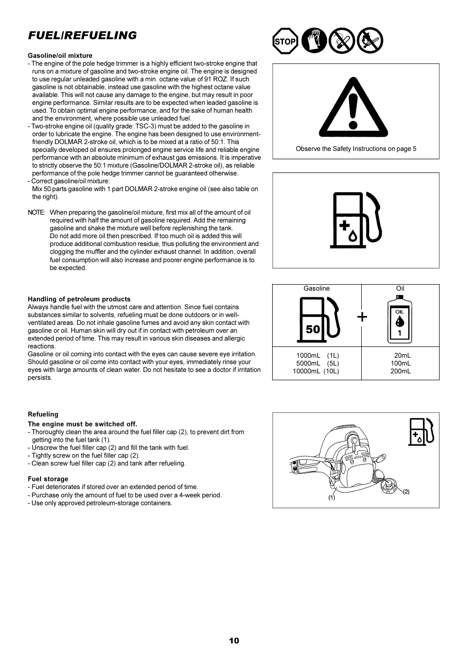 Fuel/refueling | Dolmar Pole Hedge Trimmer MH-2556 User Manual | Page 10 / 54