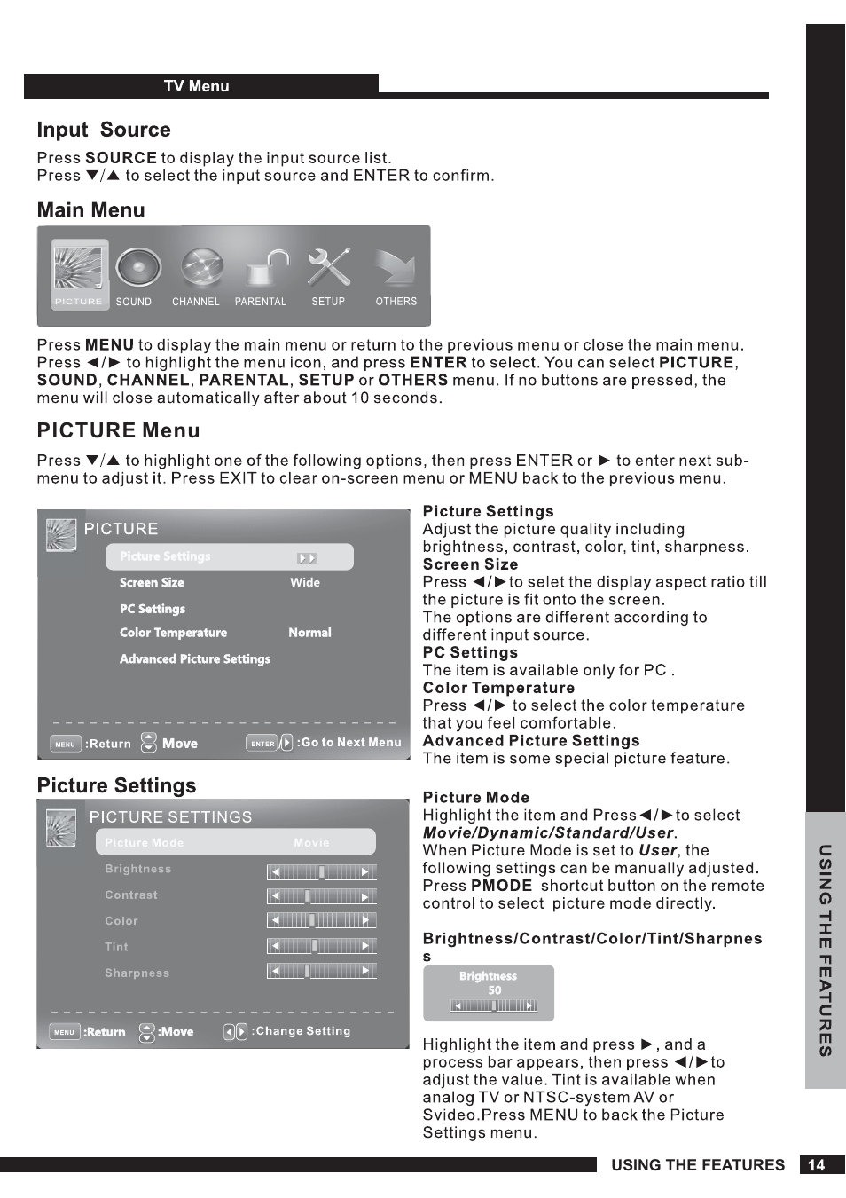 Picture menu, Using the features | Curtis PLEDV1520A-B User Manual | Page 15 / 26