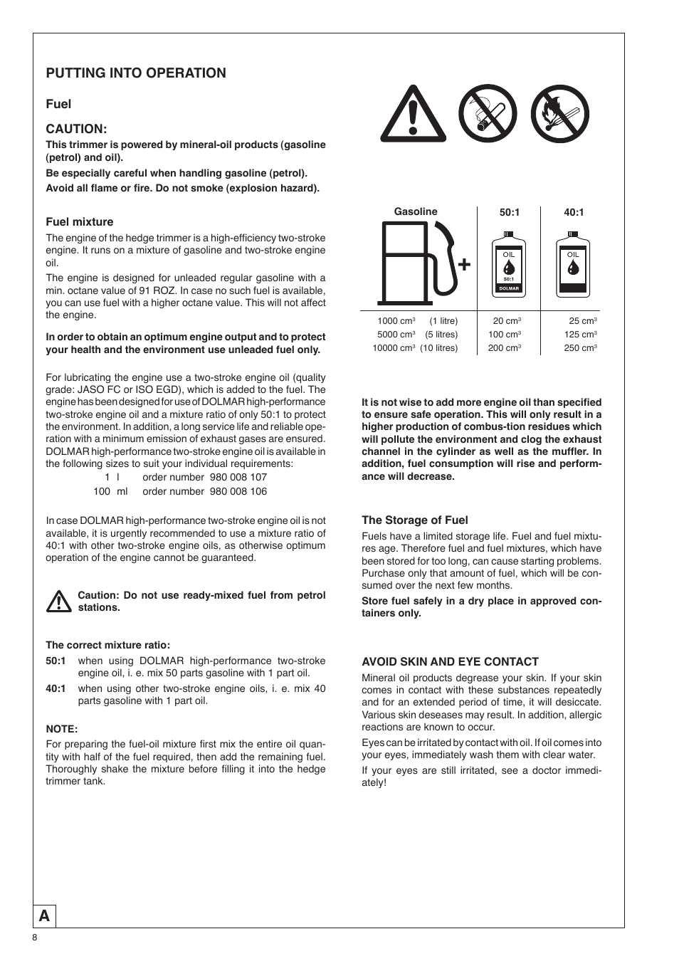 Putting into operation, Fuel caution | Dolmar HT-2556 D User Manual | Page 8 / 20