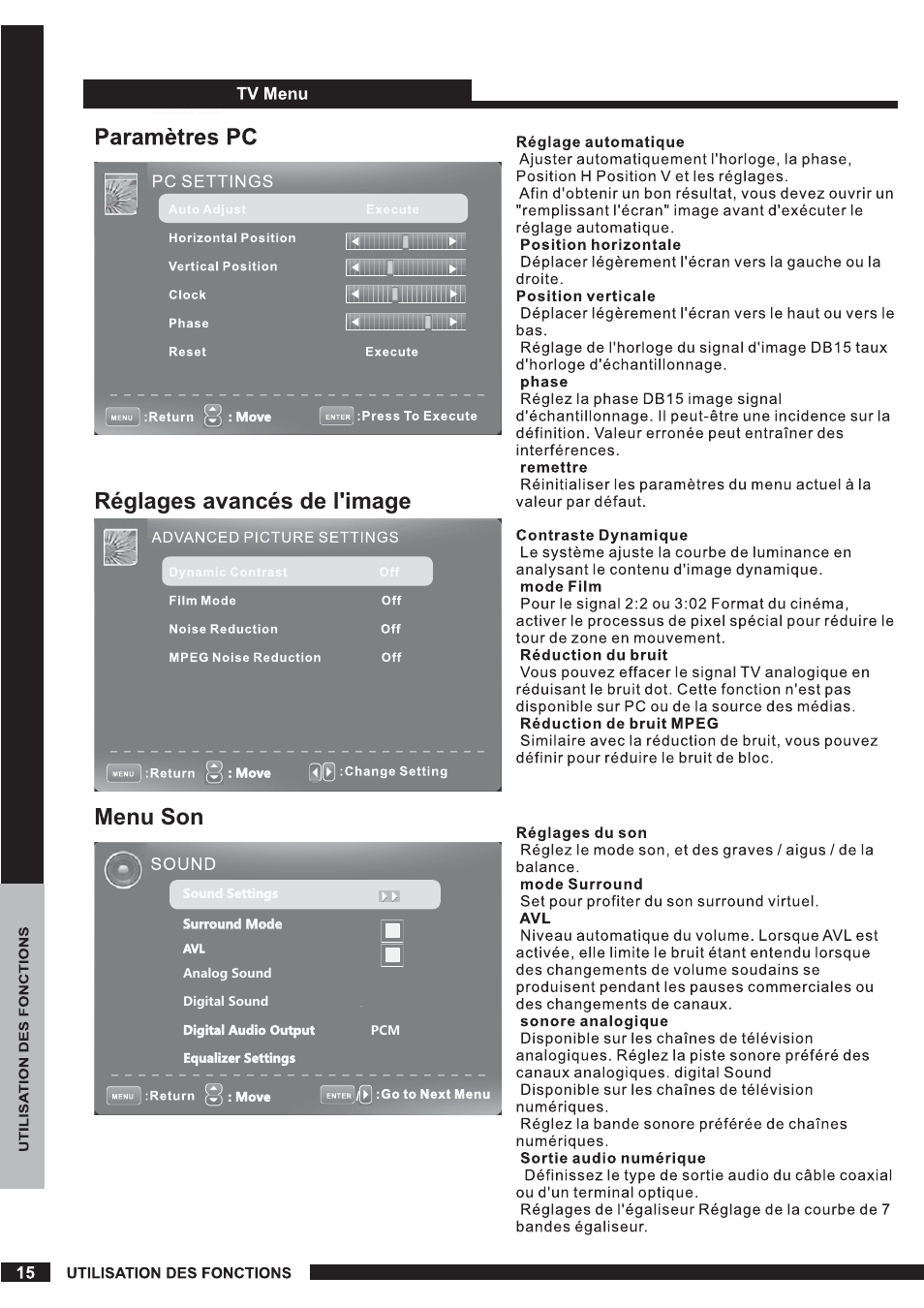 Réglages avancés de l'image menu son | Curtis PLEDV1520A-B User Manual | Page 16 / 25