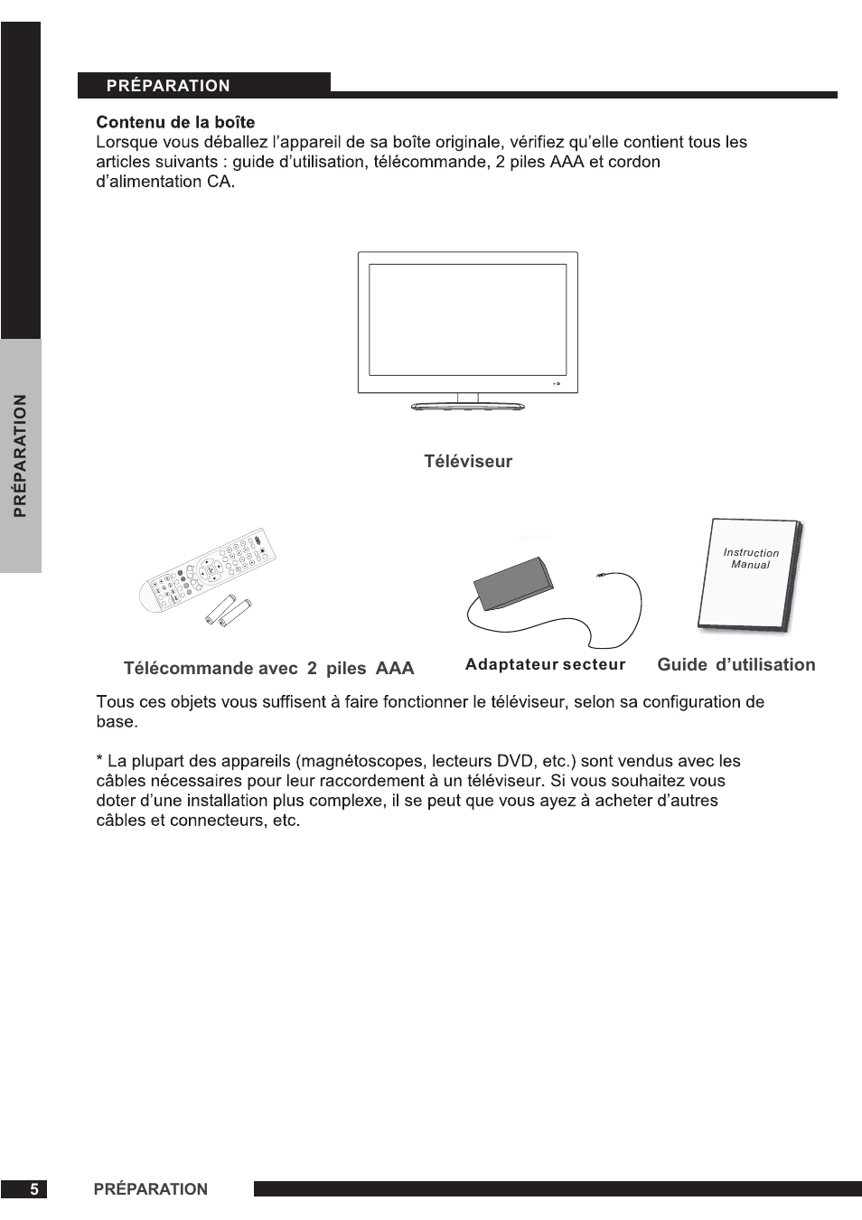 Guide d’utilisation téléviseur, Télécommande avec 2 piles aaa | Curtis PLEDV1520A-B User Manual | Page 6 / 25