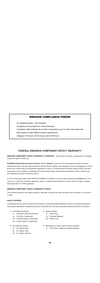 Federal emission component defect warranty, Emisson compliance period | Dolmar EDGING TRIMMER PE-251 User Manual | Page 16 / 48