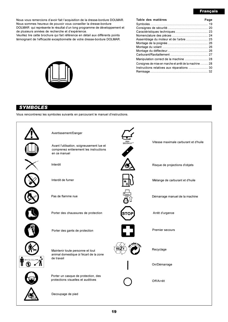 Symboles | Dolmar EDGING TRIMMER PE-251 User Manual | Page 19 / 48