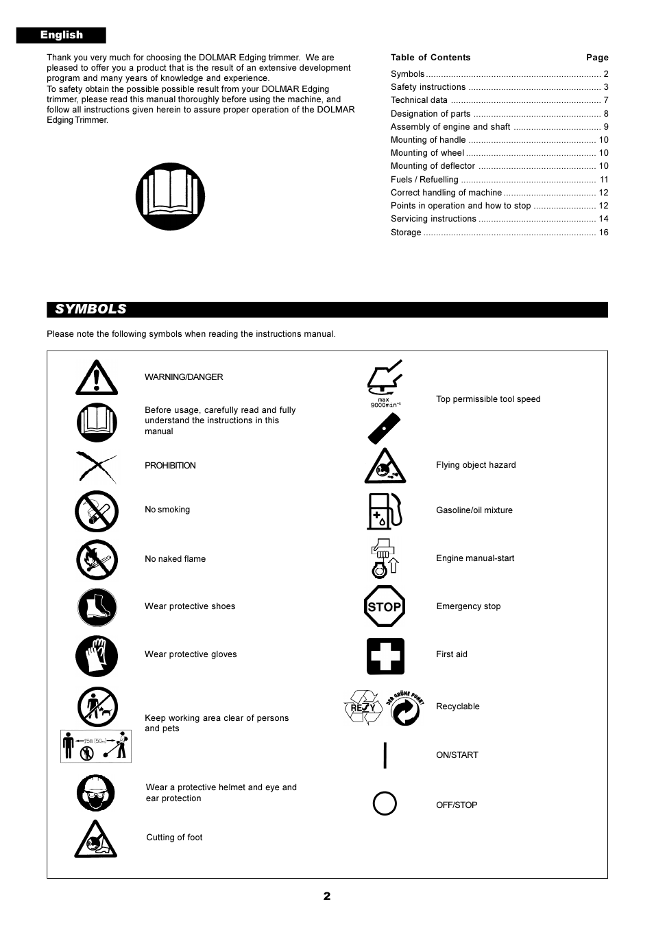 Symbols | Dolmar EDGING TRIMMER PE-251 User Manual | Page 2 / 48