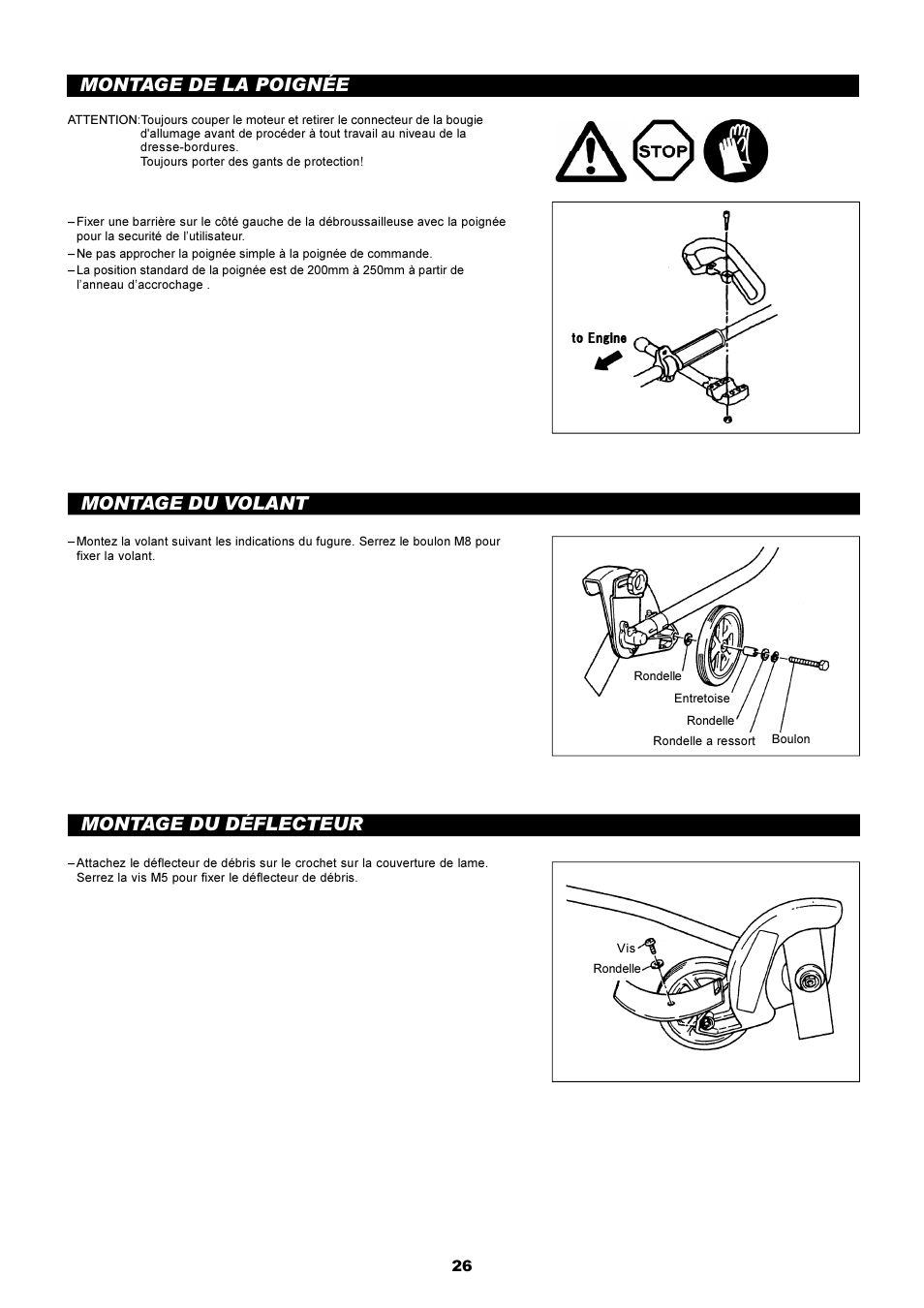 Montage du volant, Montage du déflecteur, Montage de la poignée | Dolmar EDGING TRIMMER PE-251 User Manual | Page 26 / 48