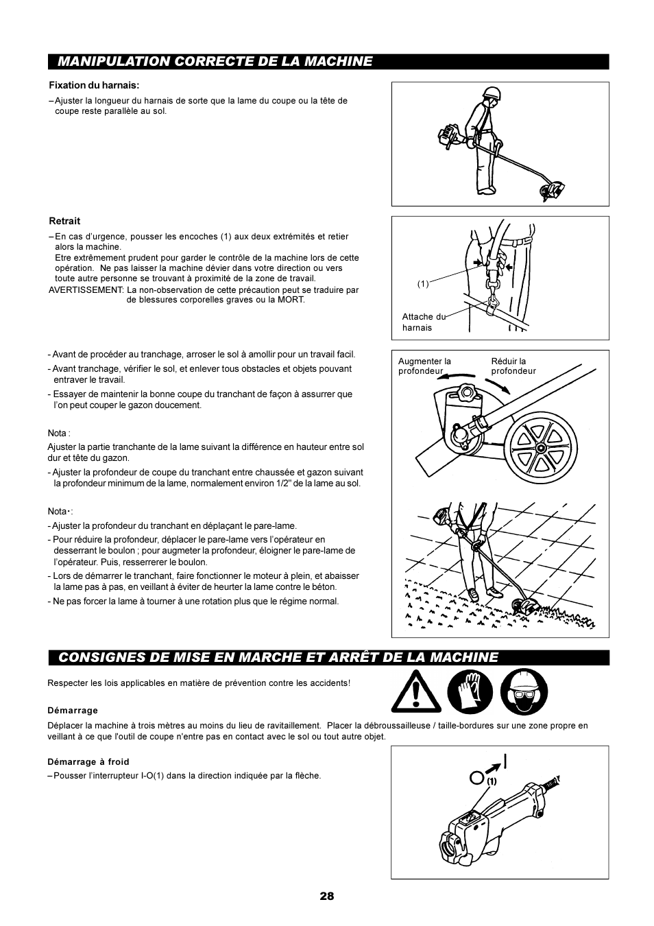 Manipulation correcte de la machine, Consignes de mise en marche et arrêt de la machine | Dolmar EDGING TRIMMER PE-251 User Manual | Page 28 / 48