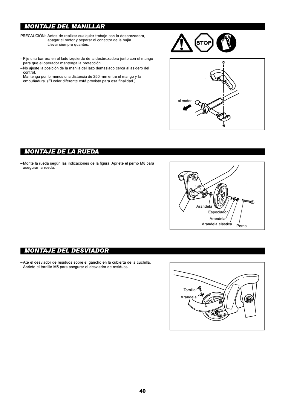 Montaje del manillar, Montaje de la rueda, Montaje del desviador | Dolmar EDGING TRIMMER PE-251 User Manual | Page 40 / 48