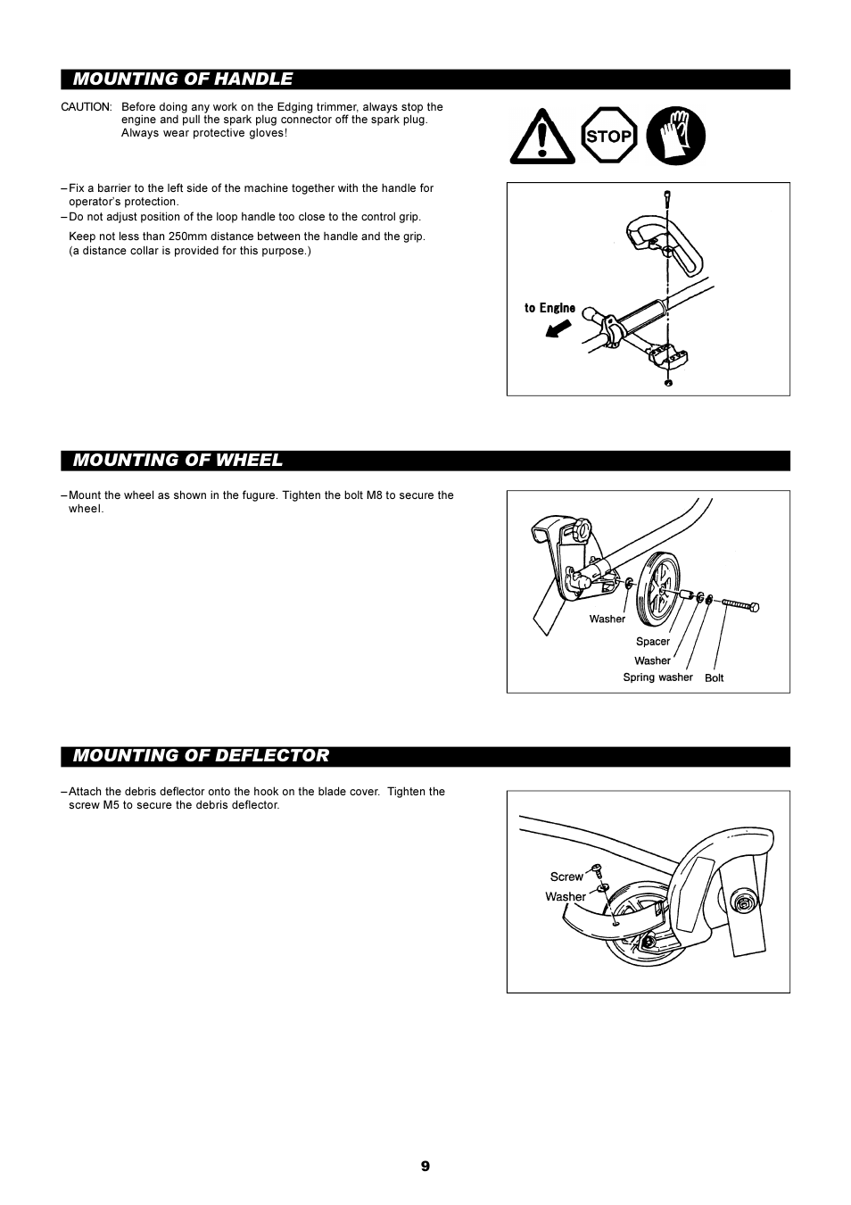 Mounting of handle, Mounting of wheel, Mounting of deflector | Dolmar EDGING TRIMMER PE-251 User Manual | Page 9 / 48