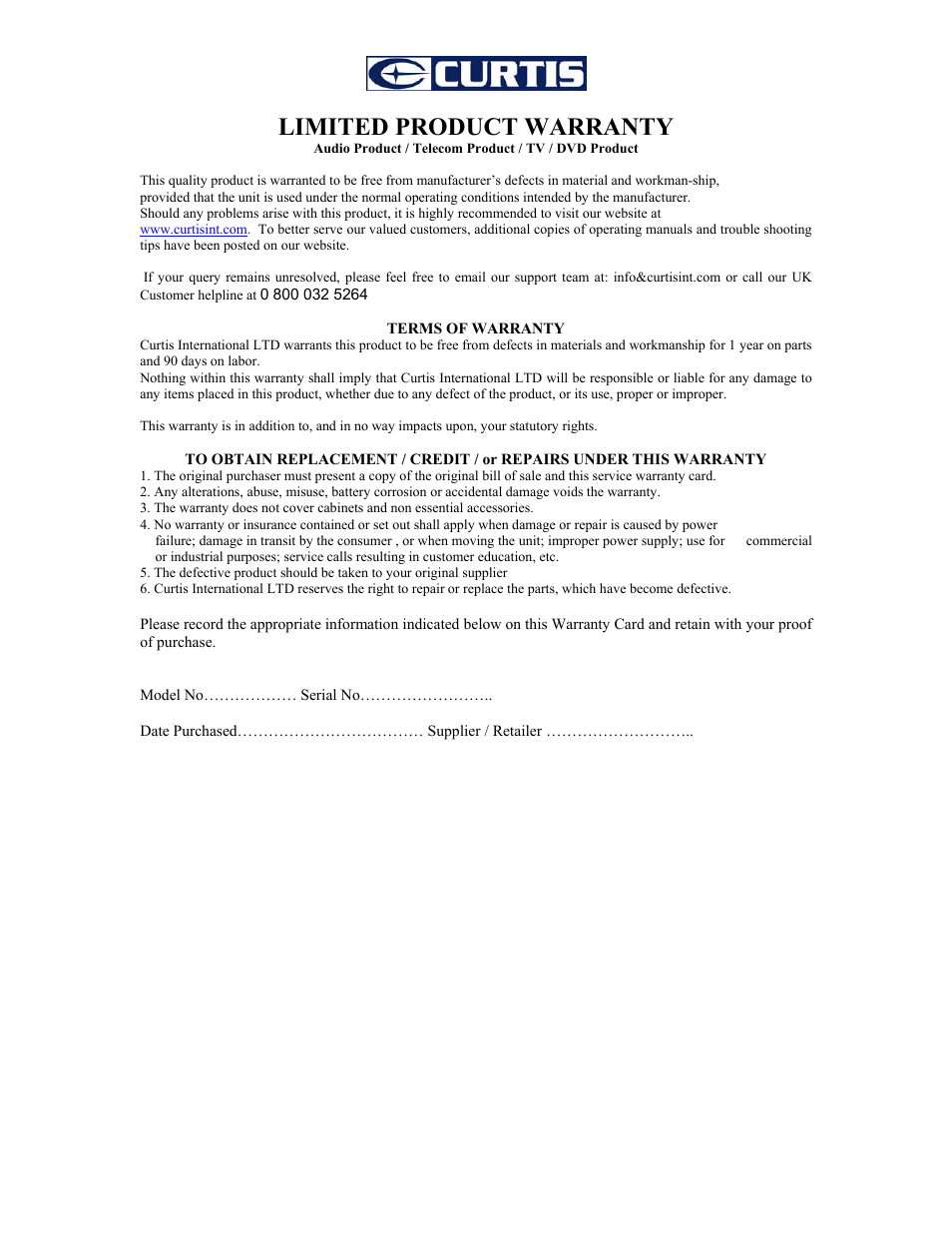 Limited product warranty | Curtis IP1006UK User Manual | Page 15 / 15