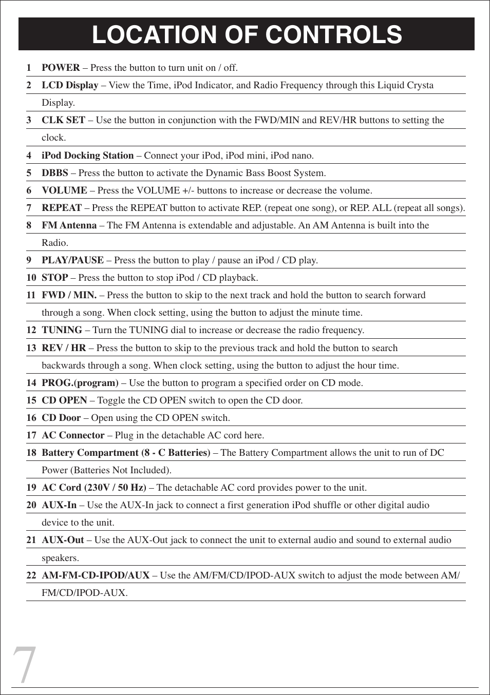 Location of controls | Curtis IP1006UK User Manual | Page 7 / 15