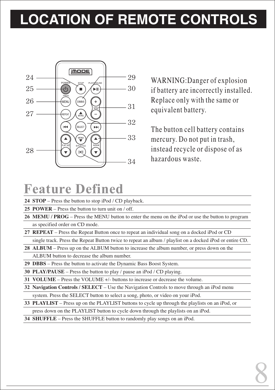 Feature defined, Location of remote controls | Curtis IP1006UK User Manual | Page 8 / 15