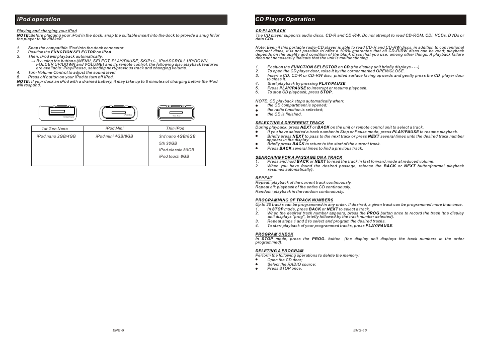 頁面 5, Ipod operation, Cd player operation | Curtis IP1134UK User Manual | Page 5 / 7