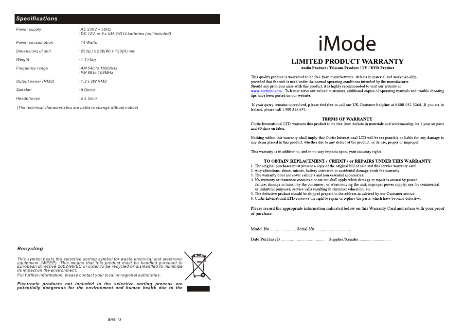 頁面 7, Specifications | Curtis IP1134UK User Manual | Page 7 / 7