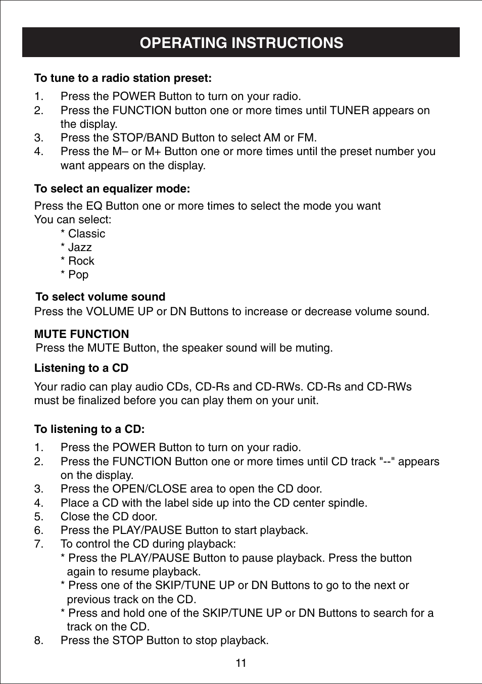 Operating instructions | Curtis IP1490 User Manual | Page 12 / 21