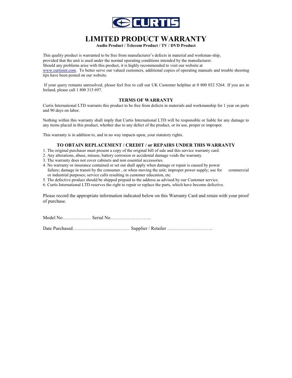 Warranty, Limited product warranty | Curtis IP333UK User Manual | Page 6 / 6