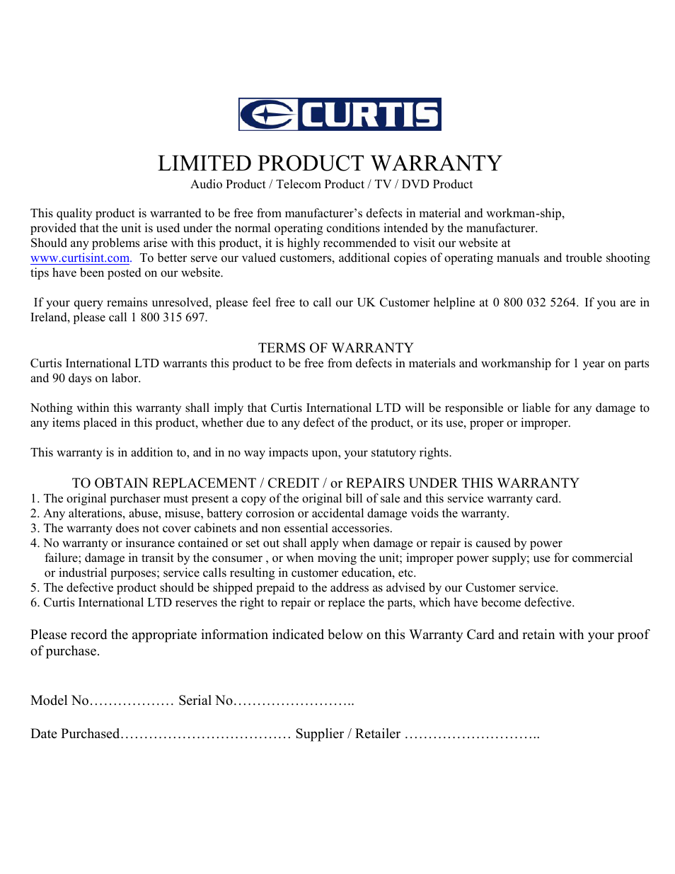 Limited product warranty | Curtis IP562UK User Manual | Page 7 / 7