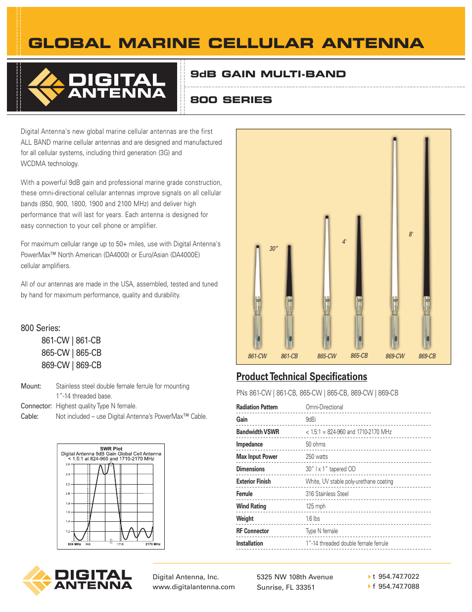 Digital Antenna GLOBAL MARINE CELLULAR ANTENNA 9dB GAIN MULTI-BAND 800 SERIES User Manual | 1 page