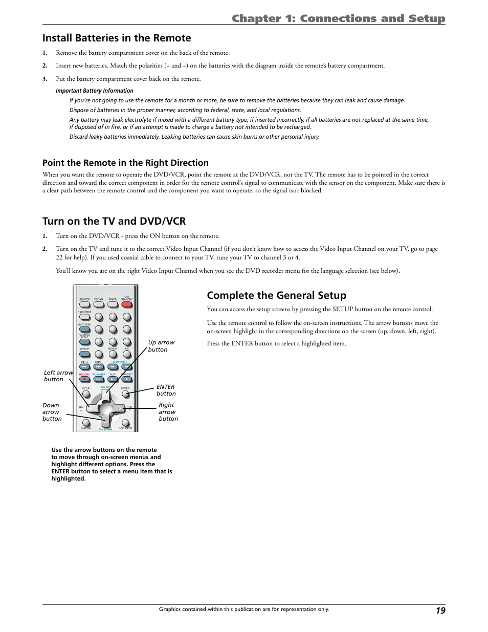 Turn on the tv and dvd/vcr, Complete the general setup, Point the remote in the right direction | Curtis DRC8320N User Manual | Page 21 / 48