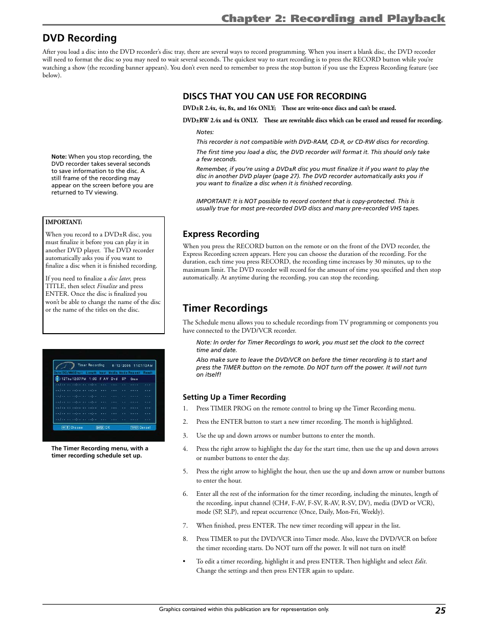 Chapter 2: recording and playback, Dvd recording, Timer recordings | Discs that you can use for recording, Express recording | Curtis DRC8320N User Manual | Page 27 / 48
