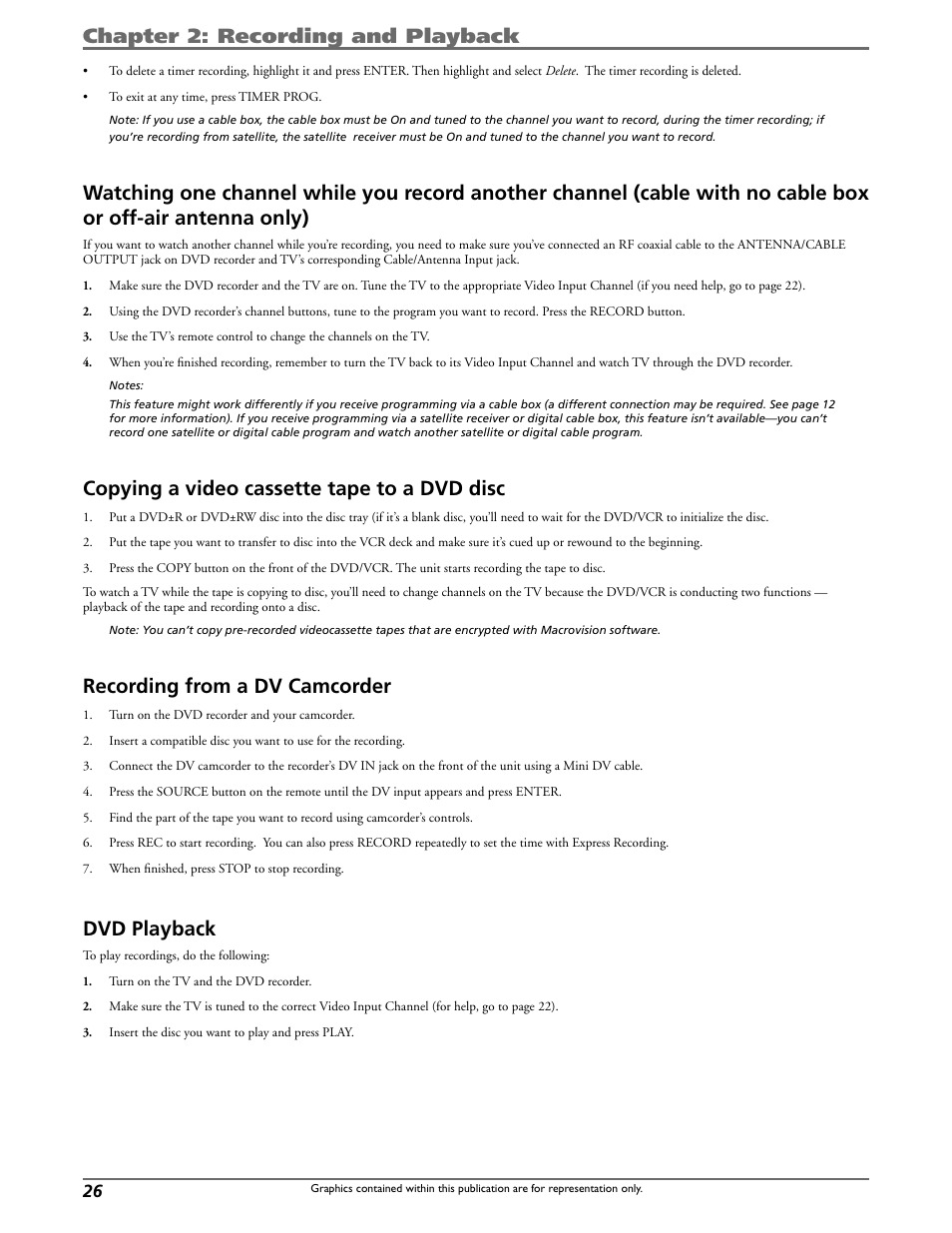 Chapter 2: recording and playback, Copying a video cassette tape to a dvd disc, Recording from a dv camcorder | Dvd playback | Curtis DRC8320N User Manual | Page 28 / 48