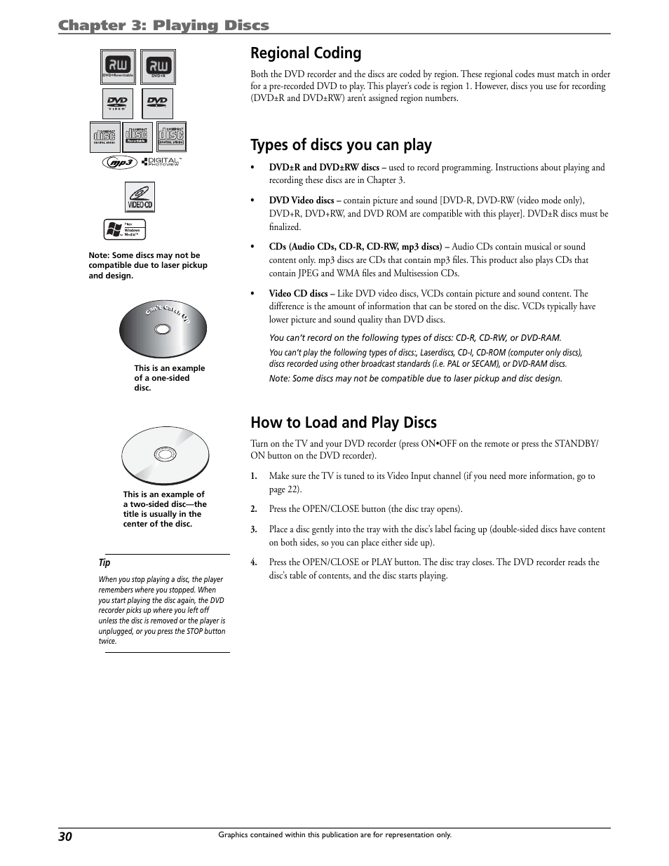 Regional coding, Types of discs you can play, How to load and play discs | Chapter 3: playing discs | Curtis DRC8320N User Manual | Page 32 / 48