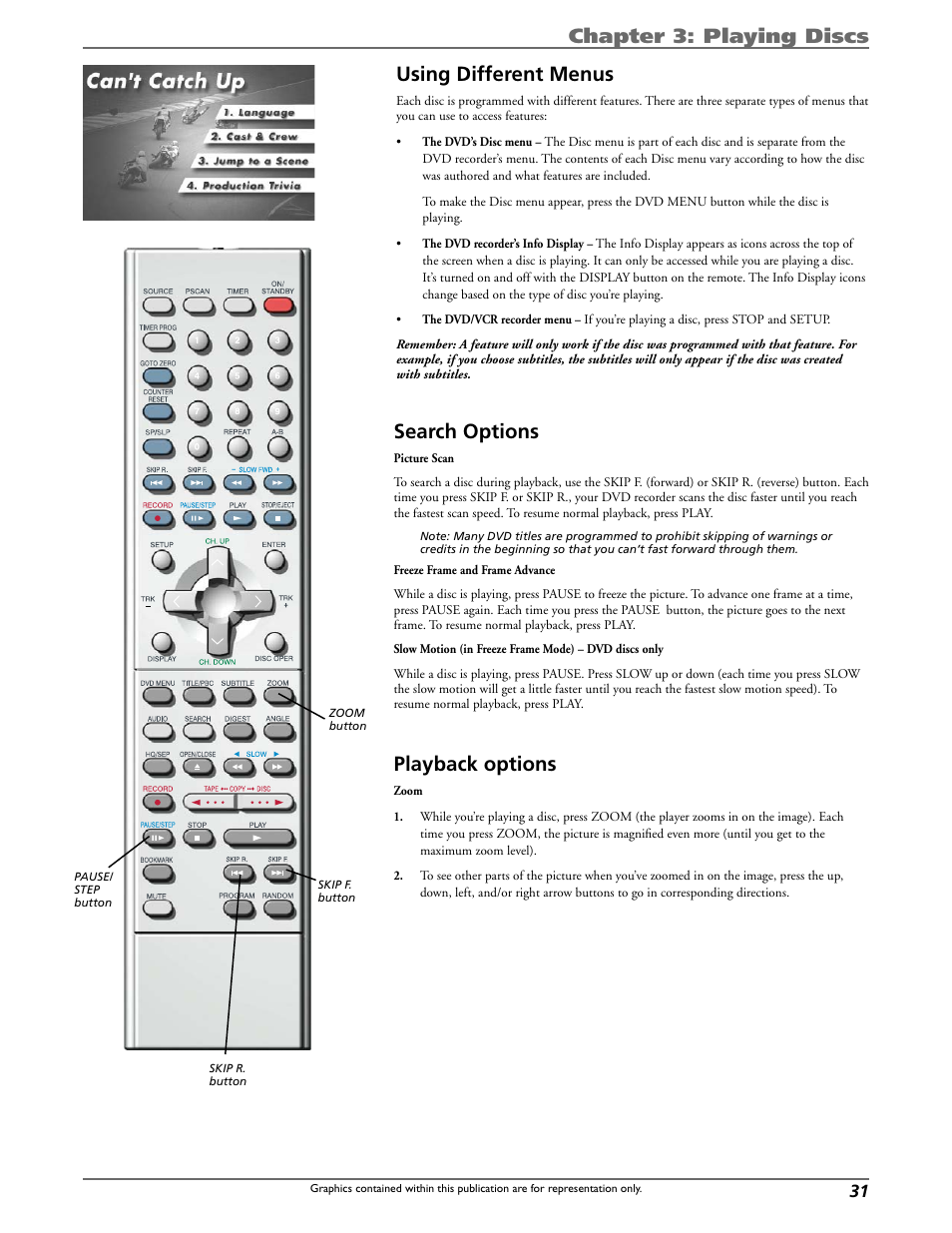 Chapter 3: playing discs using different menus, Search options, Playback options | Curtis DRC8320N User Manual | Page 33 / 48
