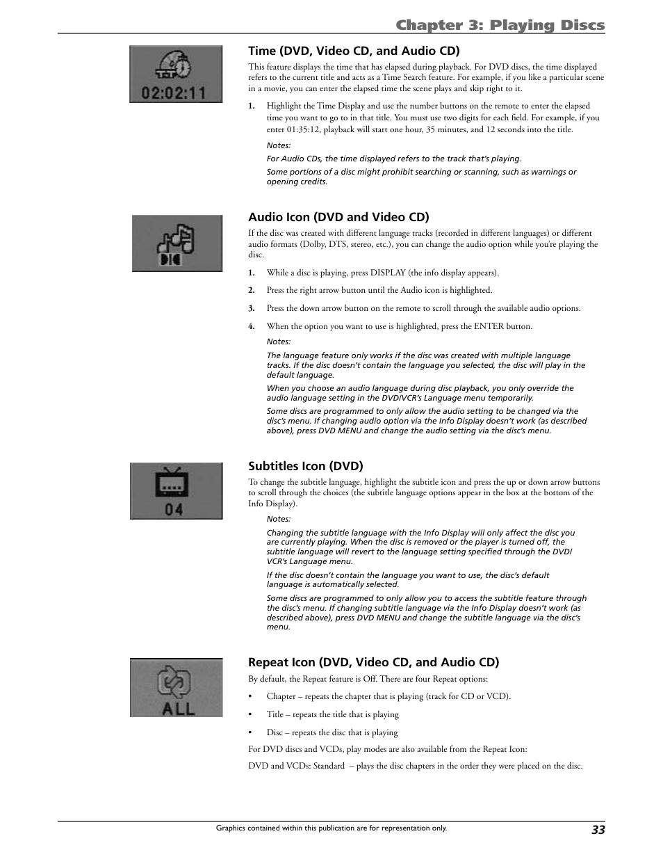 Chapter 3: playing discs, Time (dvd, video cd, and audio cd), Audio icon (dvd and video cd) | Subtitles icon (dvd), Repeat icon (dvd, video cd, and audio cd) | Curtis DRC8320N User Manual | Page 35 / 48