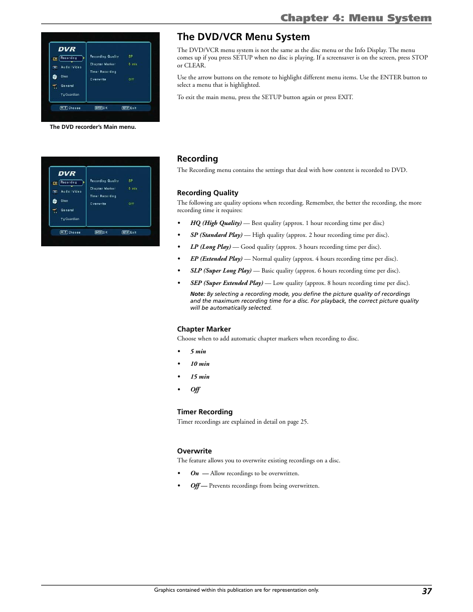 Chapter 4: menu system the dvd/vcr menu system, Recording | Curtis DRC8320N User Manual | Page 39 / 48