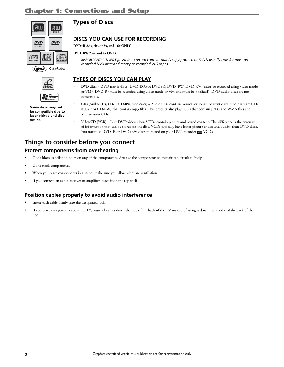 Chapter 1: connections and setup types of discs, Things to consider before you connect | Curtis DRC8320N User Manual | Page 4 / 48