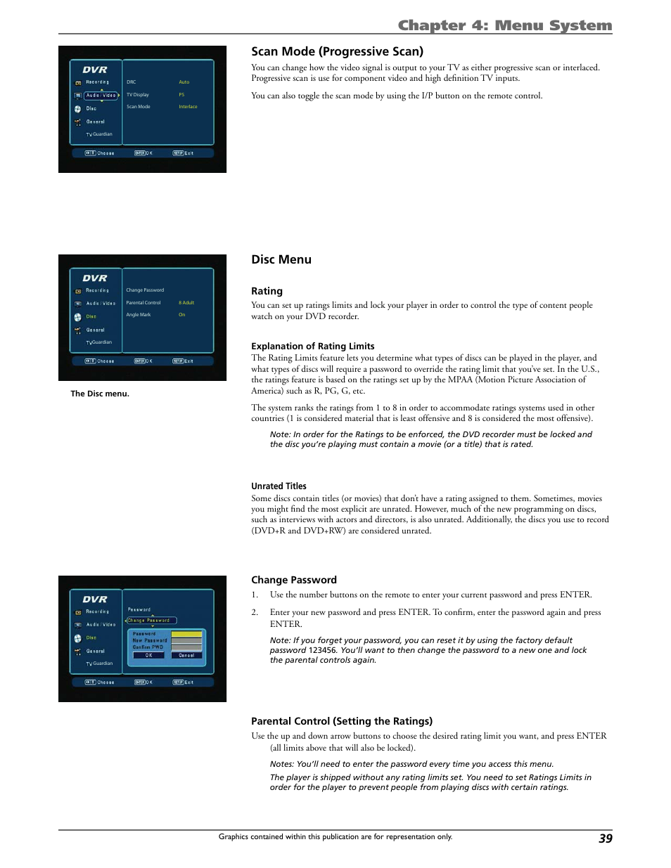 Chapter 4: menu system, Scan mode (progressive scan), Disc menu | Curtis DRC8320N User Manual | Page 41 / 48