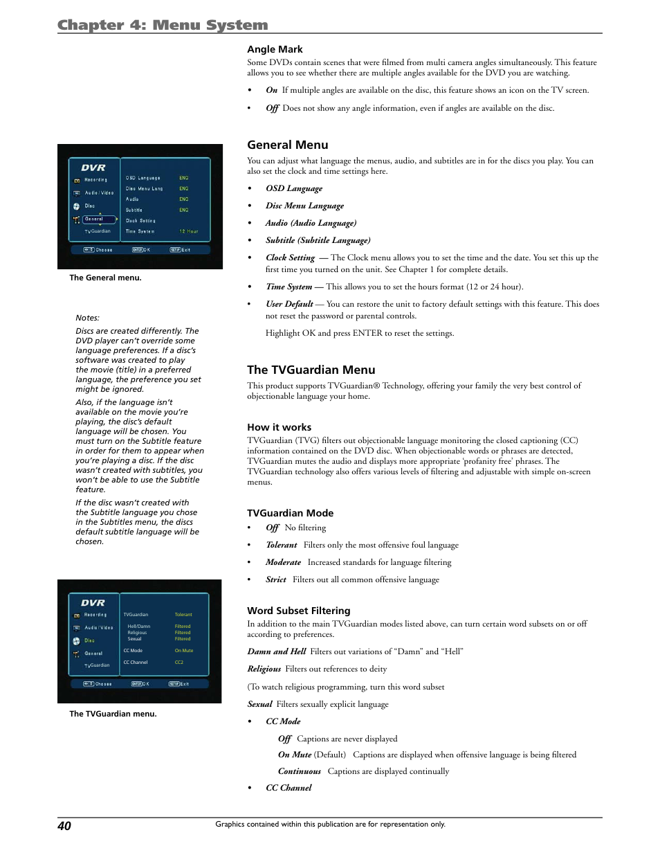 Chapter 4: menu system, General menu, The tvguardian menu | Curtis DRC8320N User Manual | Page 42 / 48
