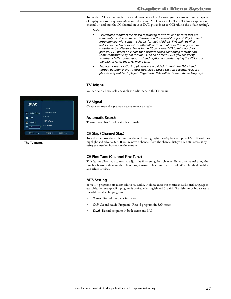 Chapter 4: menu system, Tv menu | Curtis DRC8320N User Manual | Page 43 / 48