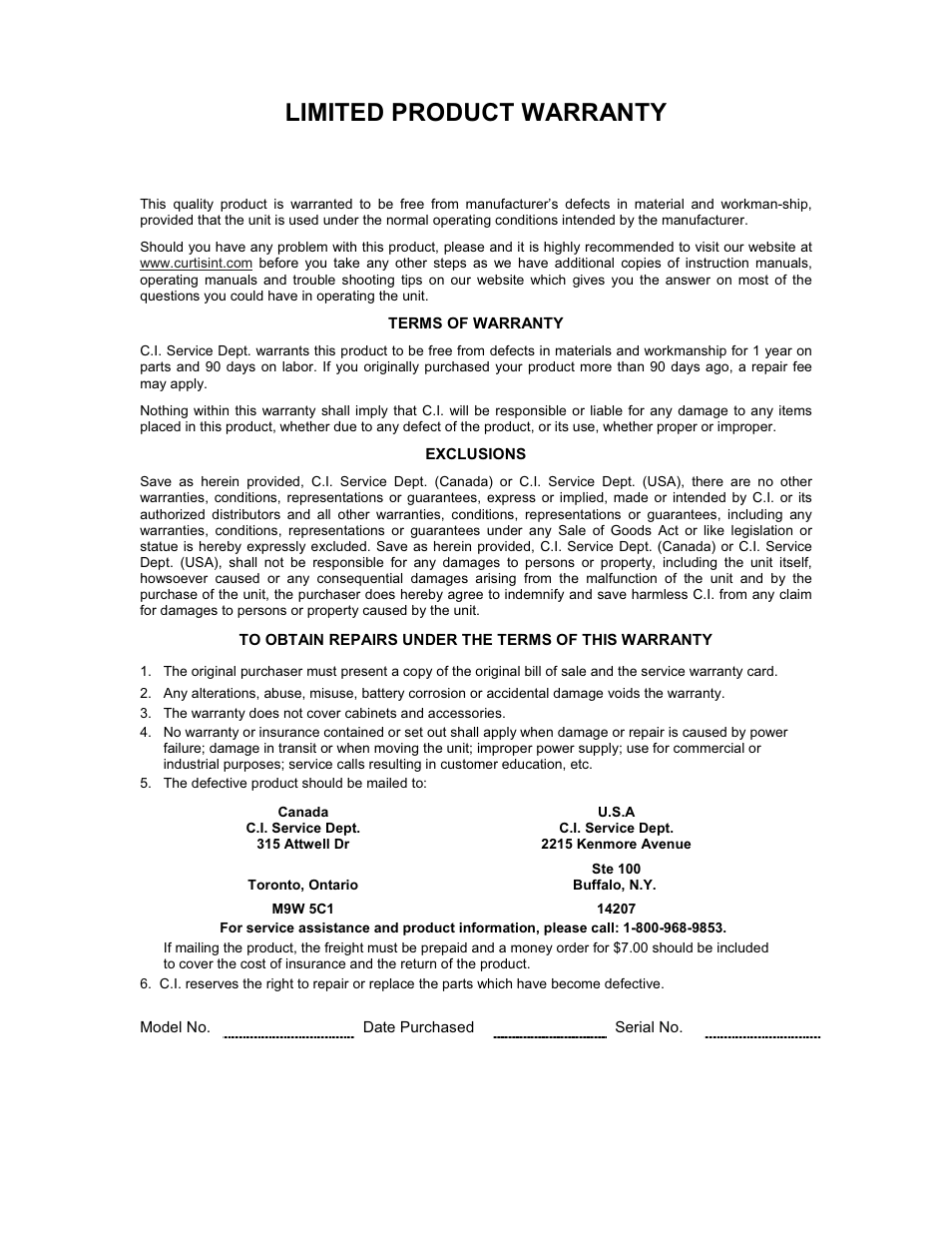 Limited product warranty | Curtis DRC8320N User Manual | Page 48 / 48