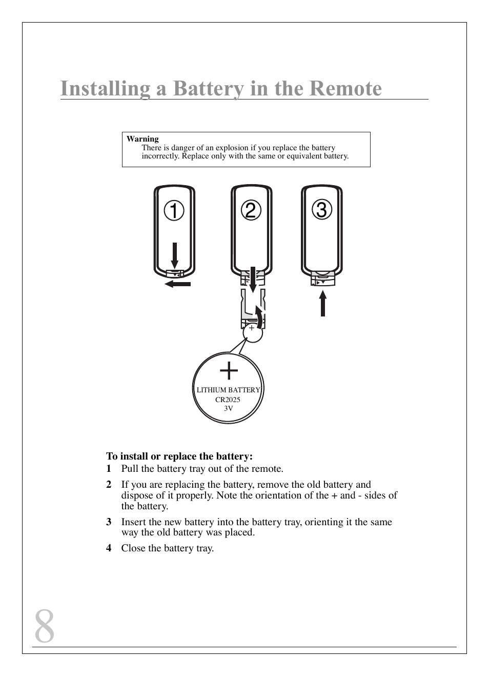 Installing a battery in the remote | Curtis IP9844 User Manual | Page 8 / 24