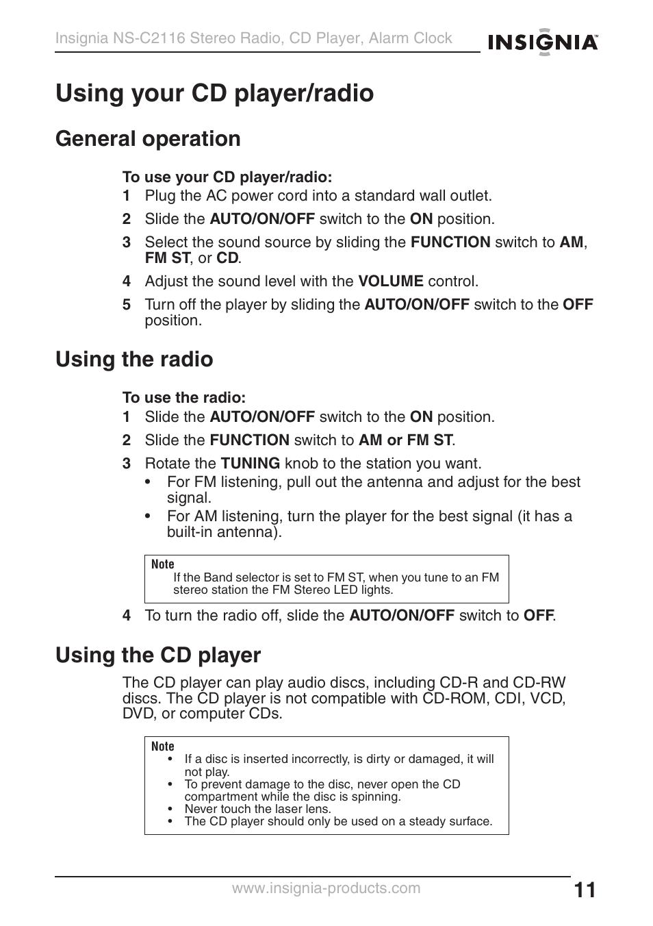 Using your cd player/radio, General operation, Using the radio | Using the cd player | Curtis NS-C2116 User Manual | Page 10 / 19