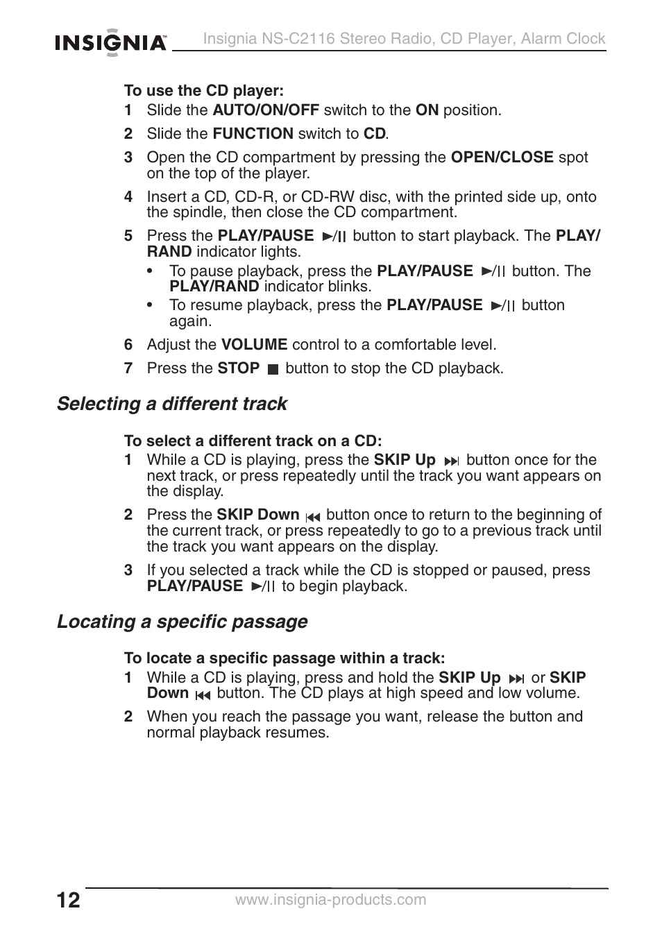 Selecting a different track, Locating a specific passage | Curtis NS-C2116 User Manual | Page 11 / 19