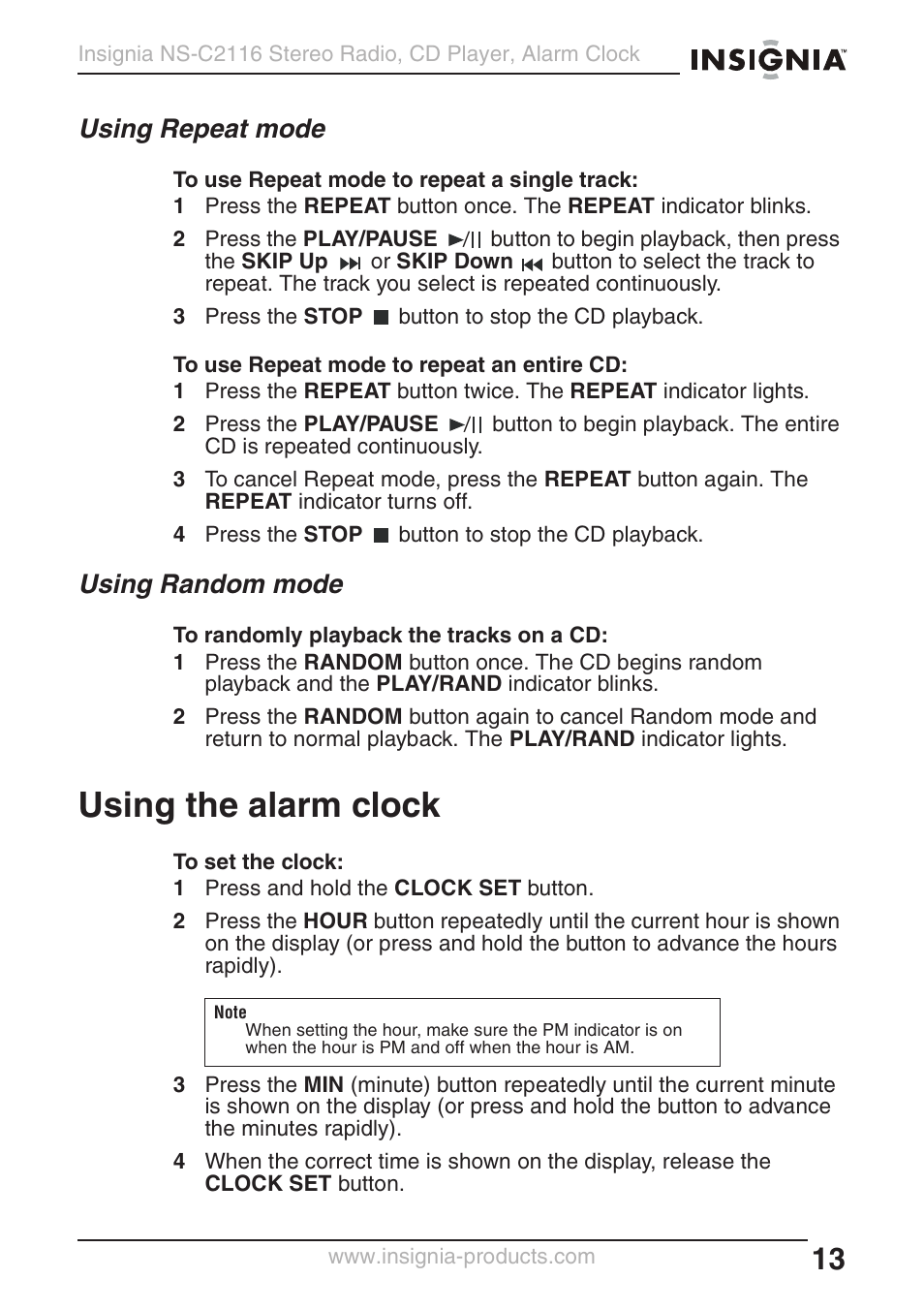 Using the alarm clock, Using repeat mode, Using random mode | Curtis NS-C2116 User Manual | Page 12 / 19