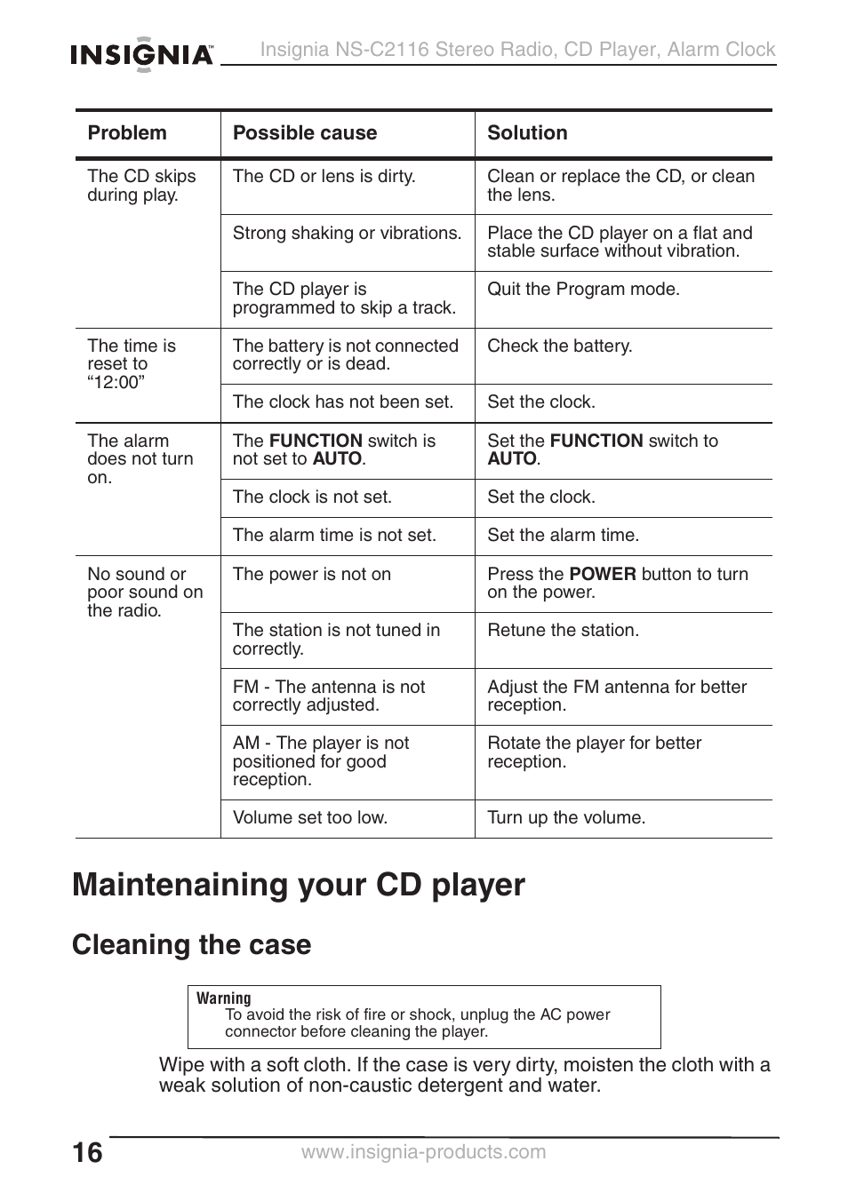 Maintenaining your cd player, Cleaning the case | Curtis NS-C2116 User Manual | Page 15 / 19