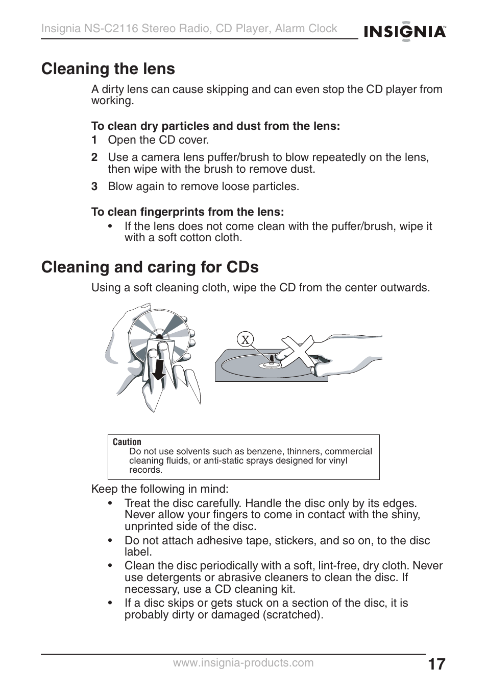 Cleaning the lens, Cleaning and caring for cds | Curtis NS-C2116 User Manual | Page 16 / 19