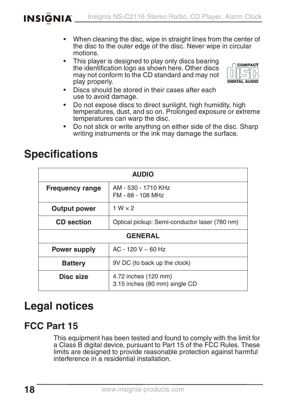 Specifications legal notices, Fcc part 15 | Curtis NS-C2116 User Manual | Page 17 / 19