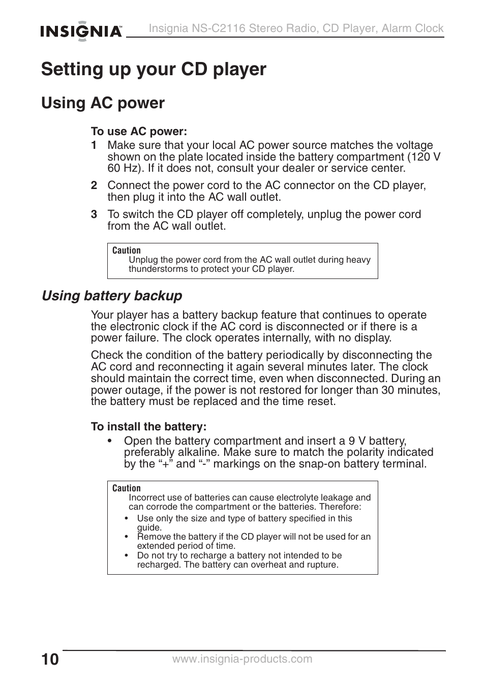 Setting up your cd player, Using ac power, Using battery backup | Curtis NS-C2116 User Manual | Page 9 / 19