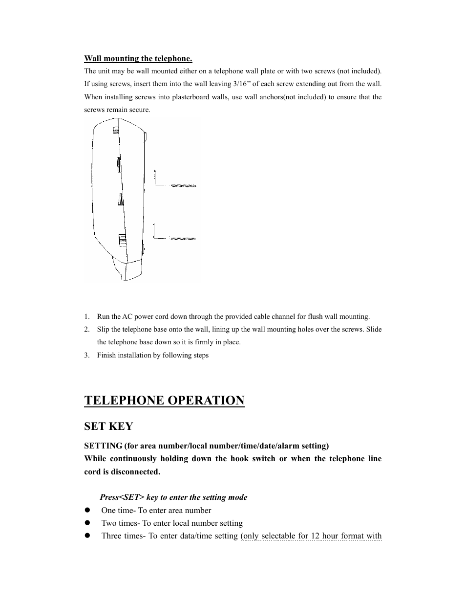 Telephone operation, Set key | Curtis TID5030 User Manual | Page 4 / 14