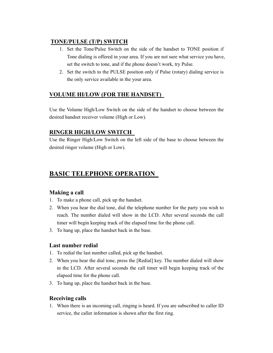 Basic telephone operation | Curtis TID5030 User Manual | Page 6 / 14