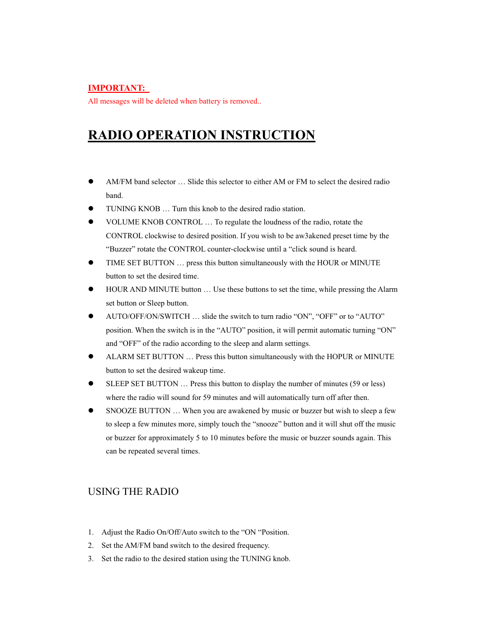 Radio operation instruction, Using the radio | Curtis TID5030 User Manual | Page 9 / 14