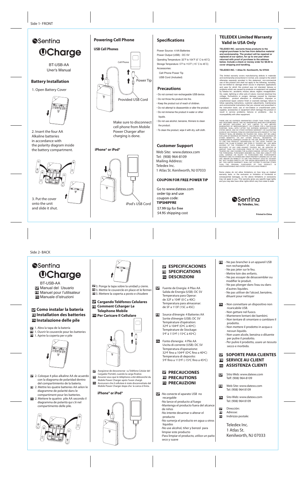 Datexx SENTINA BT-USB-AA User Manual | 1 page