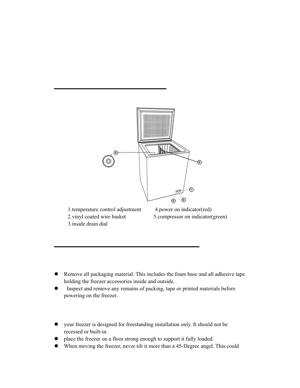 Parts and features, Installing your freezer, Unpacking your freezer | Adjusting your freezer | Curtis FRF452B User Manual | Page 4 / 9